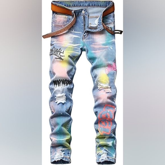 New Mens Painted Designer Slim Fit Jeans Multiple Sizes - Picture 1 of 5